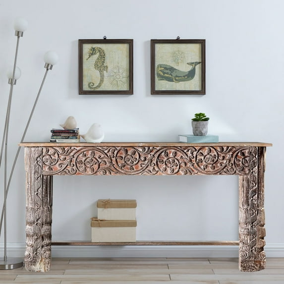 Antique Lintel And Spliced Column Rustic Console | Handcrafted Solid Wood Sofa Table | Distrssed Rustic Farmhouse Entryway Hall Table
