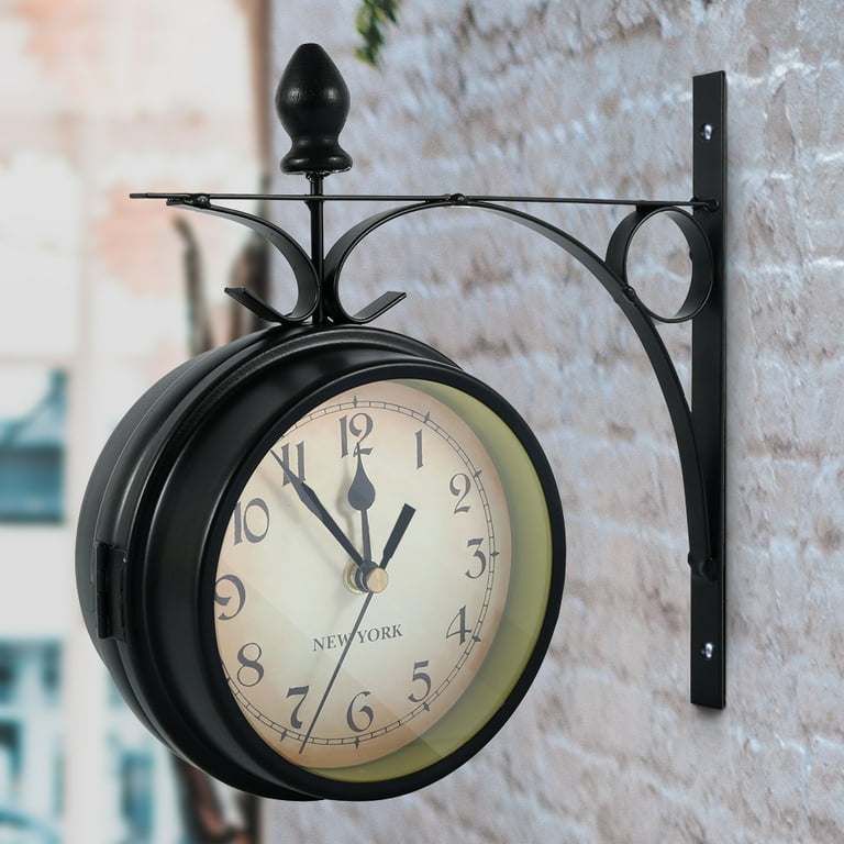 Antique-Look Wall Clock, Brown Round Outdoor Hanging Double Sided Two Faces  Retro Station Clock with Scroll Wall Side Mount Home Dcor for Fathers Day