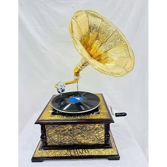 Antique-Looking Replica Gramophone Vintage Gramophone Record Player, Wooden Base with Floral Carvings, Gold Horn Speaker (32X37X75) 16th Century Gold Carving Inlay Gramophone