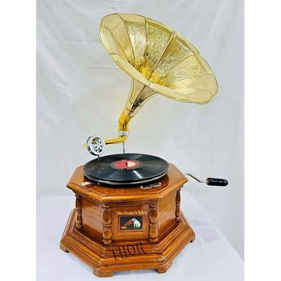 Antique-Looking Replica Gramophone Vintage Gramophone Record Player, Wooden Base with Floral Carvings, Gold Horn Speaker (32X37X75) light Brown Base with 8 Cone Gramophone