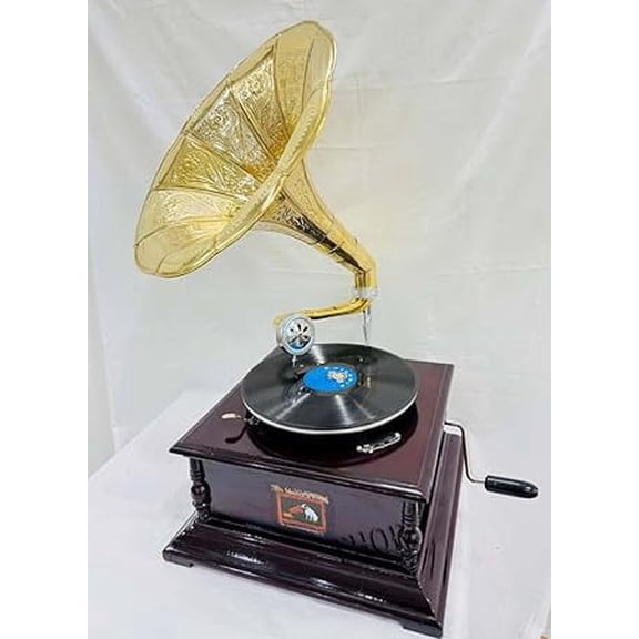 Antique-Looking Replica Gramophone Vintage Gramophone Record Player, Wooden Base with Floral Carvings, Gold Horn Speaker (75X32X37 CM) Dark Brown Square Base Gramophone