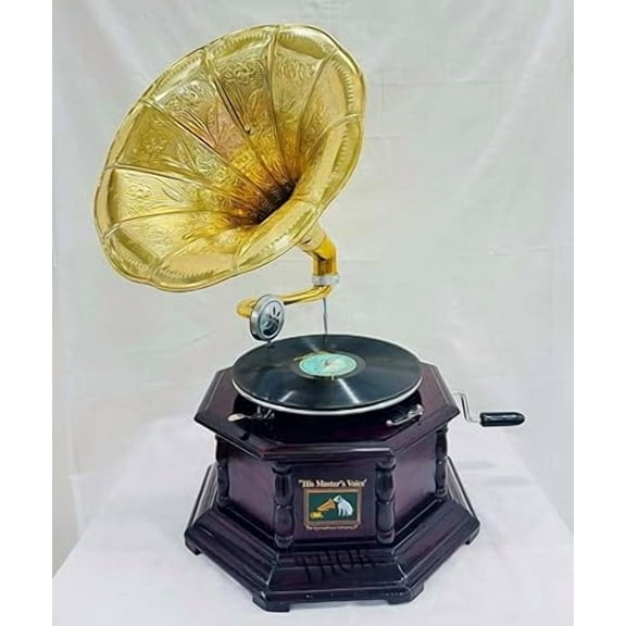 Antique-Looking Replica Gramophone Vintage Gramophone Record Player, Wooden Base with Floral Carvings, Gold Horn Speaker (35X37X32 CM)