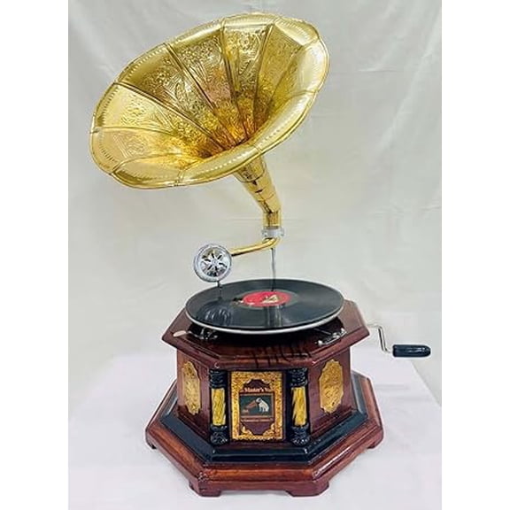 Antique-Looking Replica Gramophone Vintage Gramophone Record Player, Wooden Base with Floral Carvings, Gold Horn Speaker (35.5X35.5X17.5 CM) Native State Style Gramophone