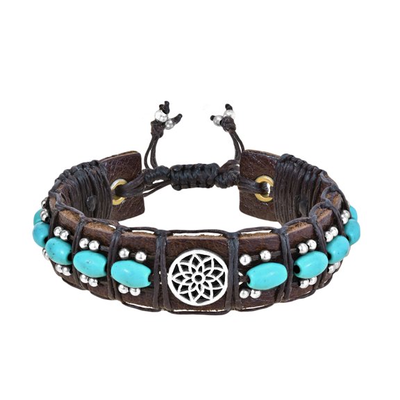 Antique Lotus Signed Healing Turquoise Rolls Leather Bracelet