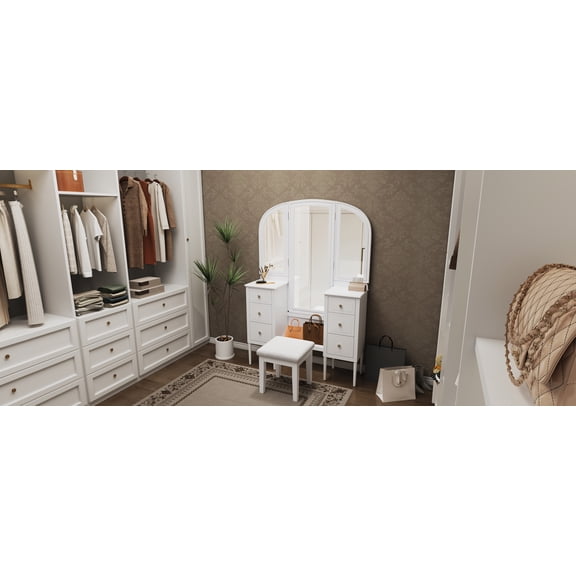 Antique Makeup Vanity Desk with Triple Mirror, 6-Drawer Dressing Table Set Including Stool, Full Length Mirror for Bedroom Dressing Room, White