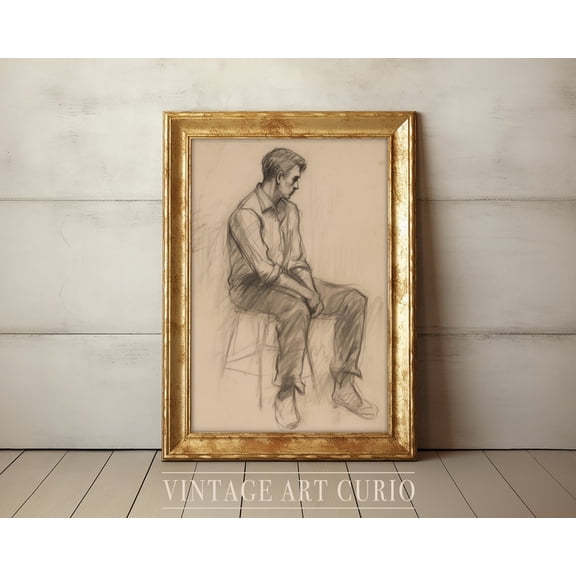 Antique Man Sketch Wall Print, Rustic Country Decor, Vintage Etching, Neutral Vintage Print, Charcoal Home Decor #3222, 24x36 UNFRAMED