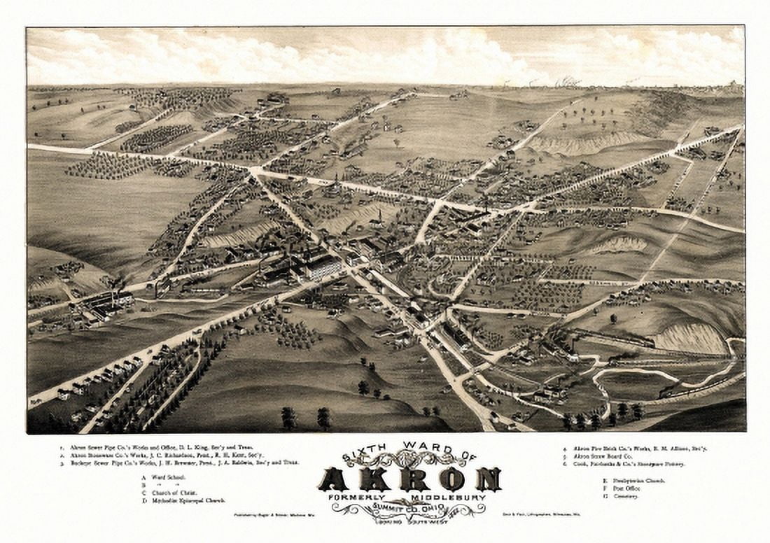 Antique Map of Akron Ohio 1882 Summit County Canvas Art - (36 x 54)