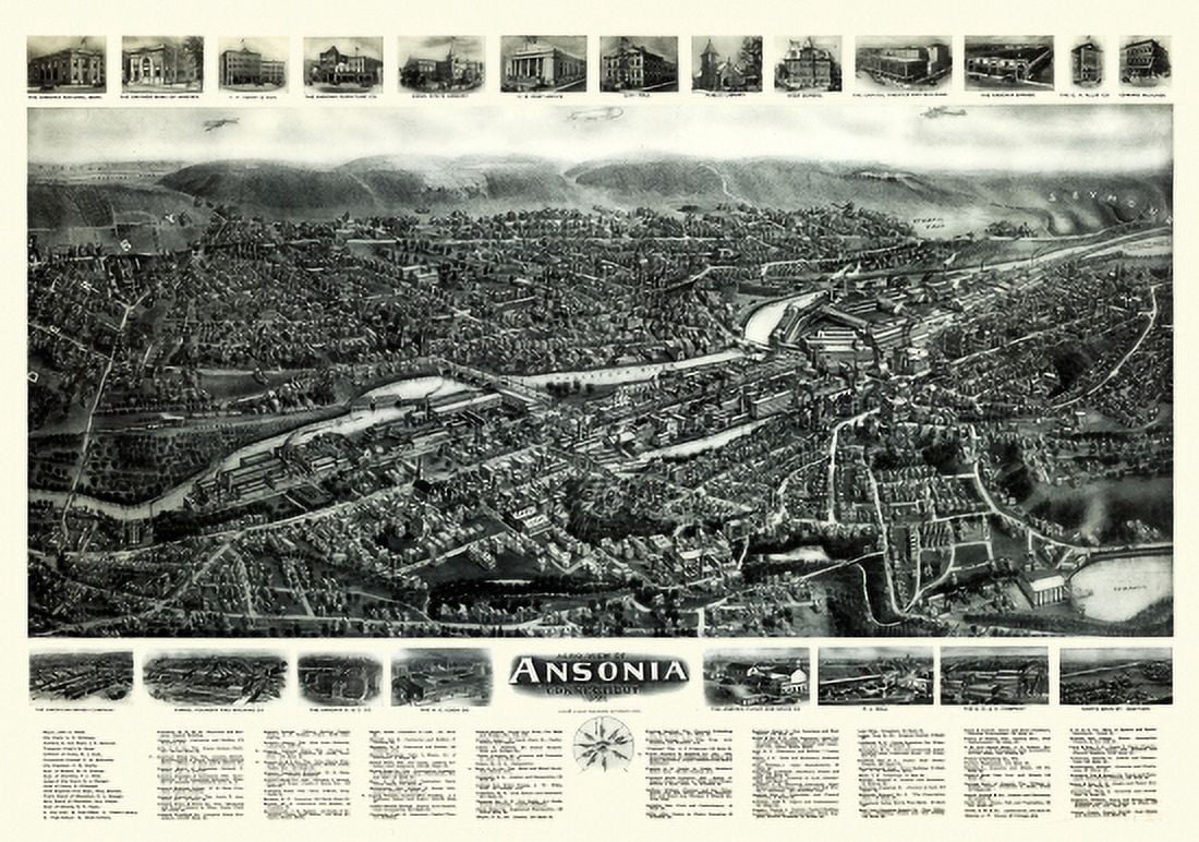 Antique Map of Ansonia Connecticut 1921 New Haven County Canvas Art - (36 x 54)