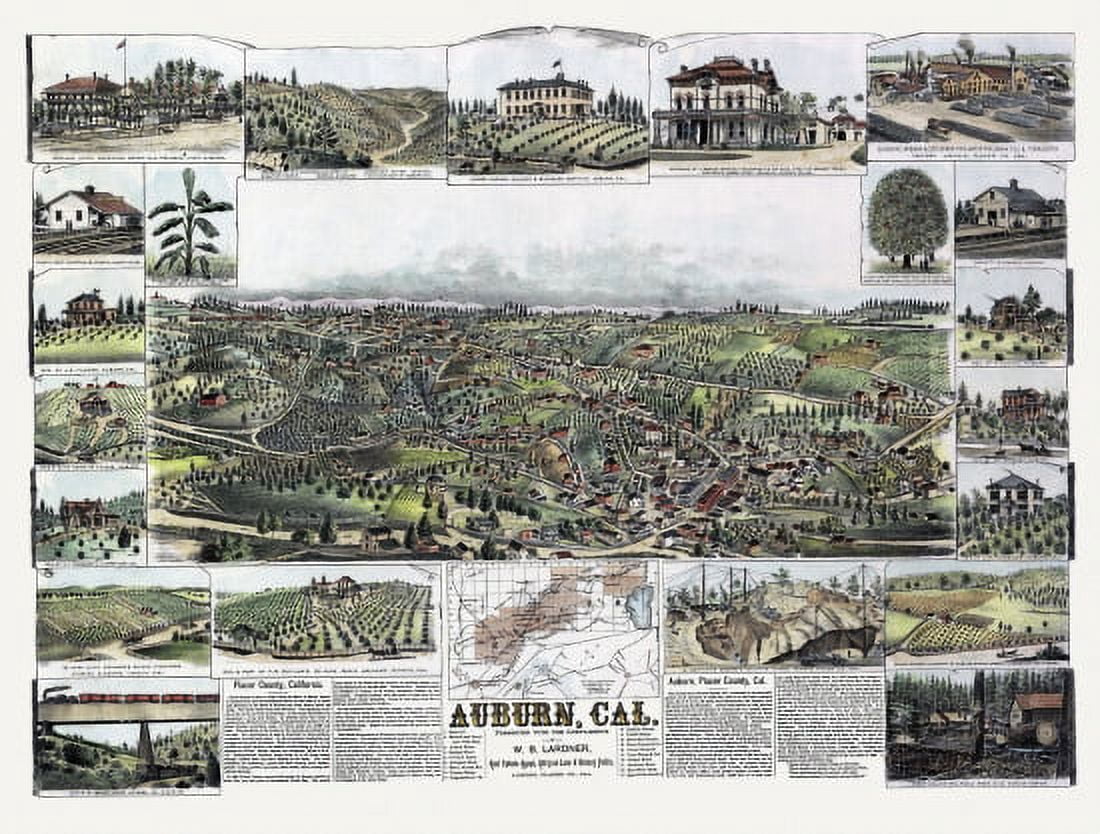 Antique Map of Auburn California 1887 Placer County Canvas Art - (18 x 24)