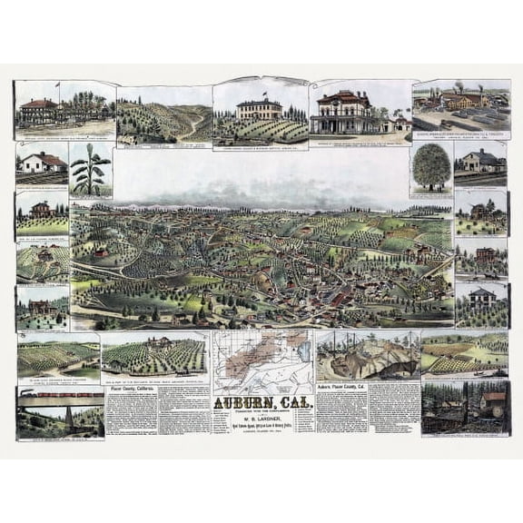 Antique Map of Auburn California 1887 Placer County Canvas Art - (18 x 24)