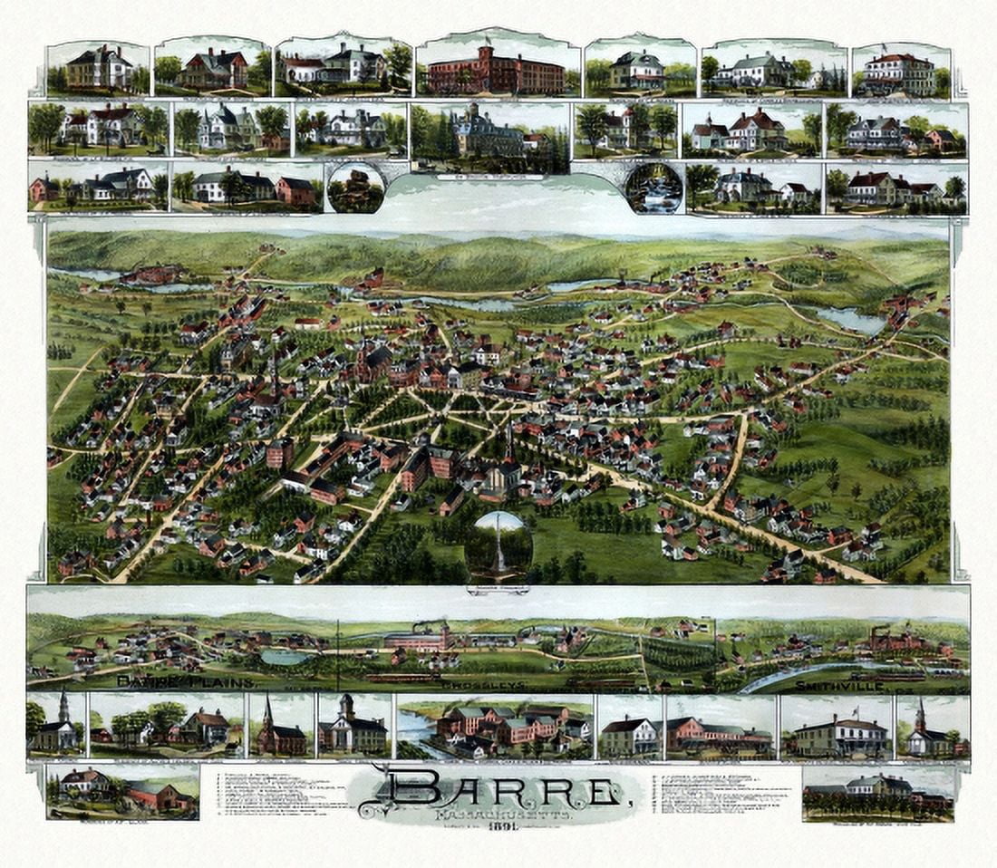Antique Map of Barre Massachusetts 1891 Worcester County Canvas Art - (24 x 36)