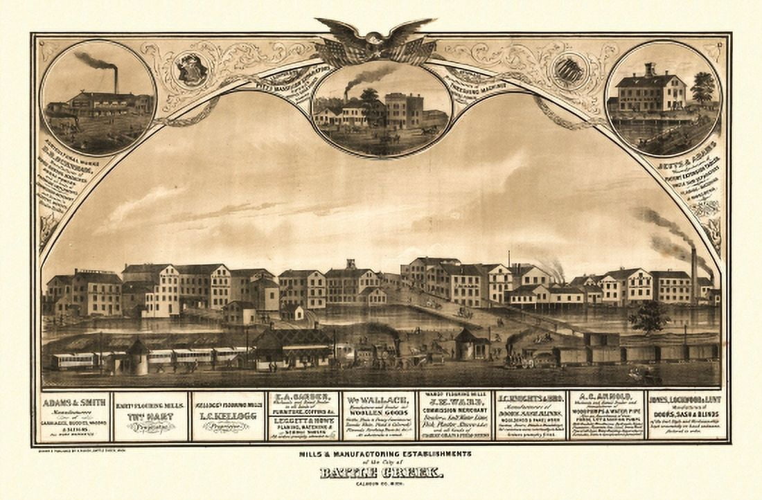 Antique Map of Battle Creek Michigan 1869 Calhoun County Canvas Art - (36 x 54)