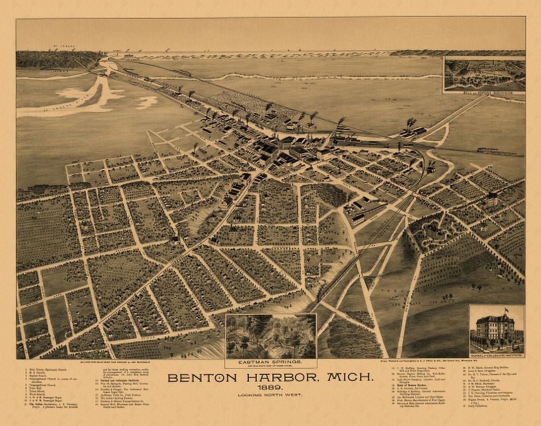Antique Map of Benton Harbor Michigan 1889 Berrien County Canvas Art - (18 x 24)