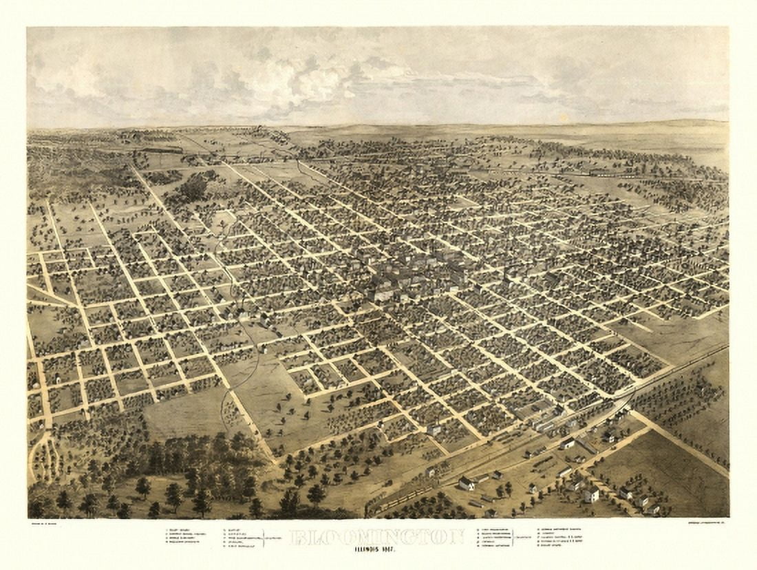 Antique Map of Bloomington Illinois 1867 McLean County Canvas Art -  (18 x 24)