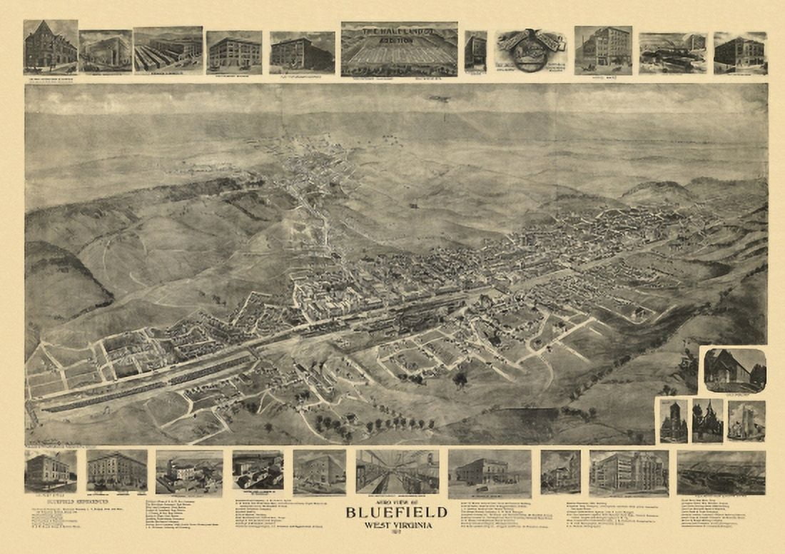 Antique Map of Bluefield West Virginia 1911 Mercer County Canvas Art - (36 x 54)