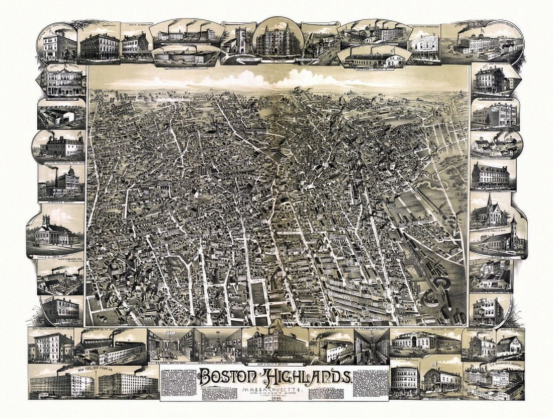Antique Map of Boston Highlands Massachusetts 1888 Suffolk County Canvas Art - (24 x 36)