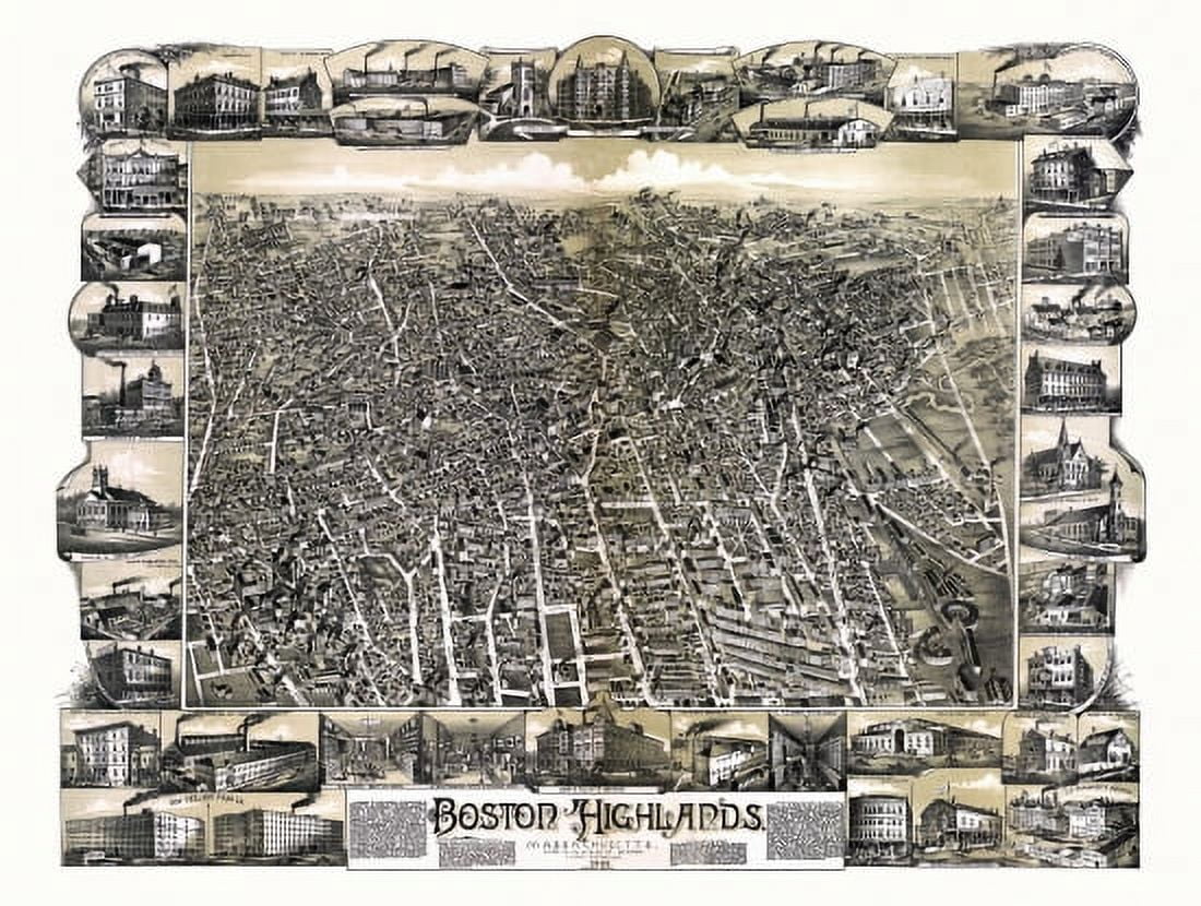 Antique Map of Boston Highlands Massachusetts 1888 Suffolk County Canvas Art - (36 x 54)