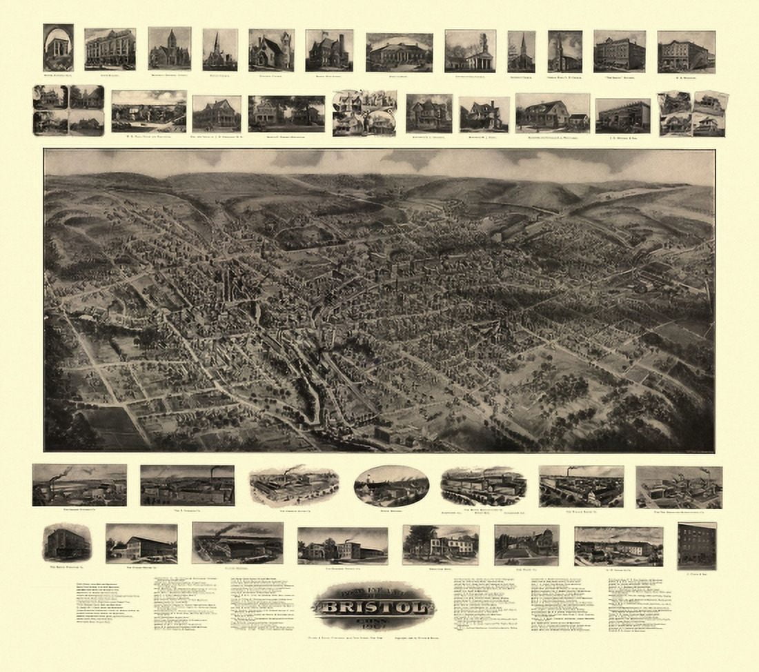 Antique Map of Bristol Connecticut 1907 Hartford County Canvas Art -  (36 x 54)