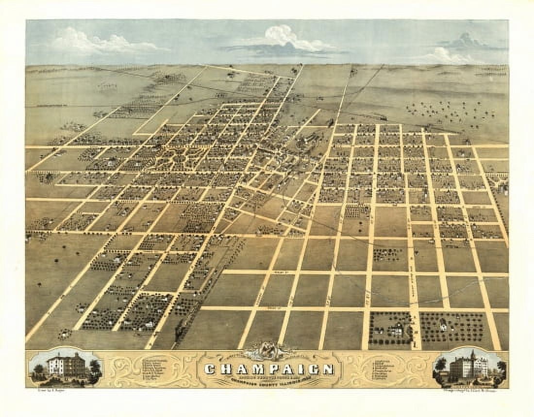 Antique Map of Champaign Illinois 1869 Champaign County Canvas Art -  (18 x 24)