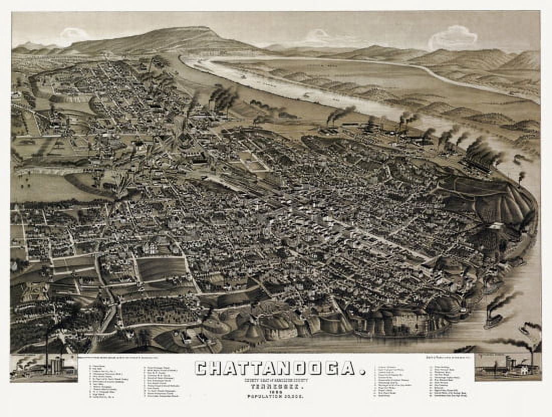 Antique Map of Chattanooga Tennessee 1886 Hamilton County Canvas Art - (18 x 24)