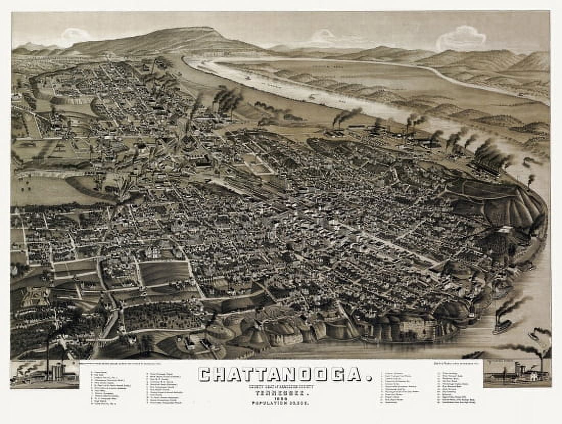Antique Map of Chattanooga Tennessee 1886 Hamilton County Canvas Art - (36 x 54)