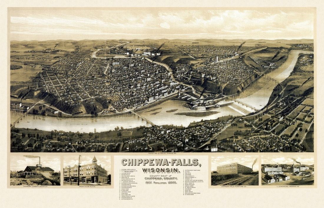 Antique Map of Chippewa Falls Wisconsin 1907 Chippewa County Canvas Art -  (36 x 54)