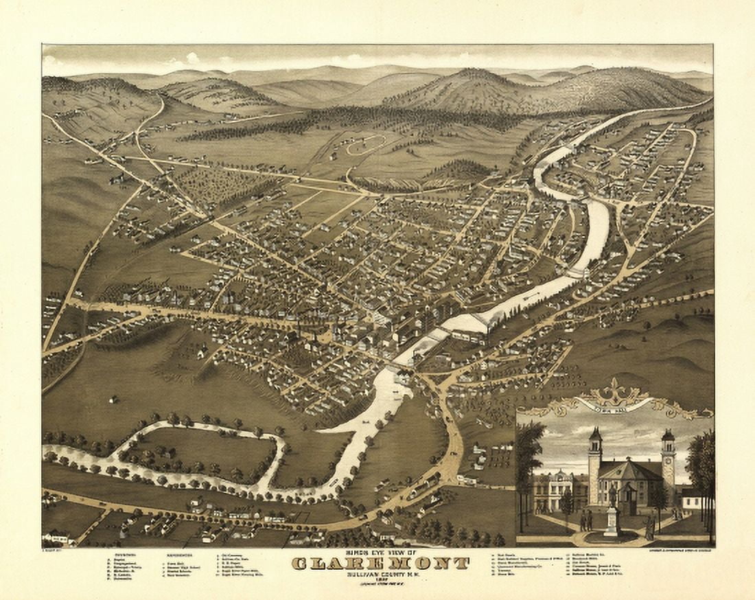 Antique Map of Claremont New Hampshire 1877 Sullivan County Canvas Art - (24 x 36)