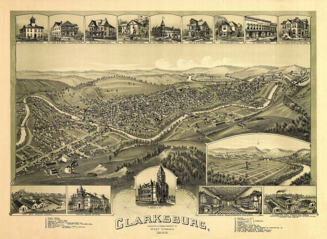 Antique Map of Clarksburg West Virginia 1898 Harrison County Canvas Art - (36 x 54)