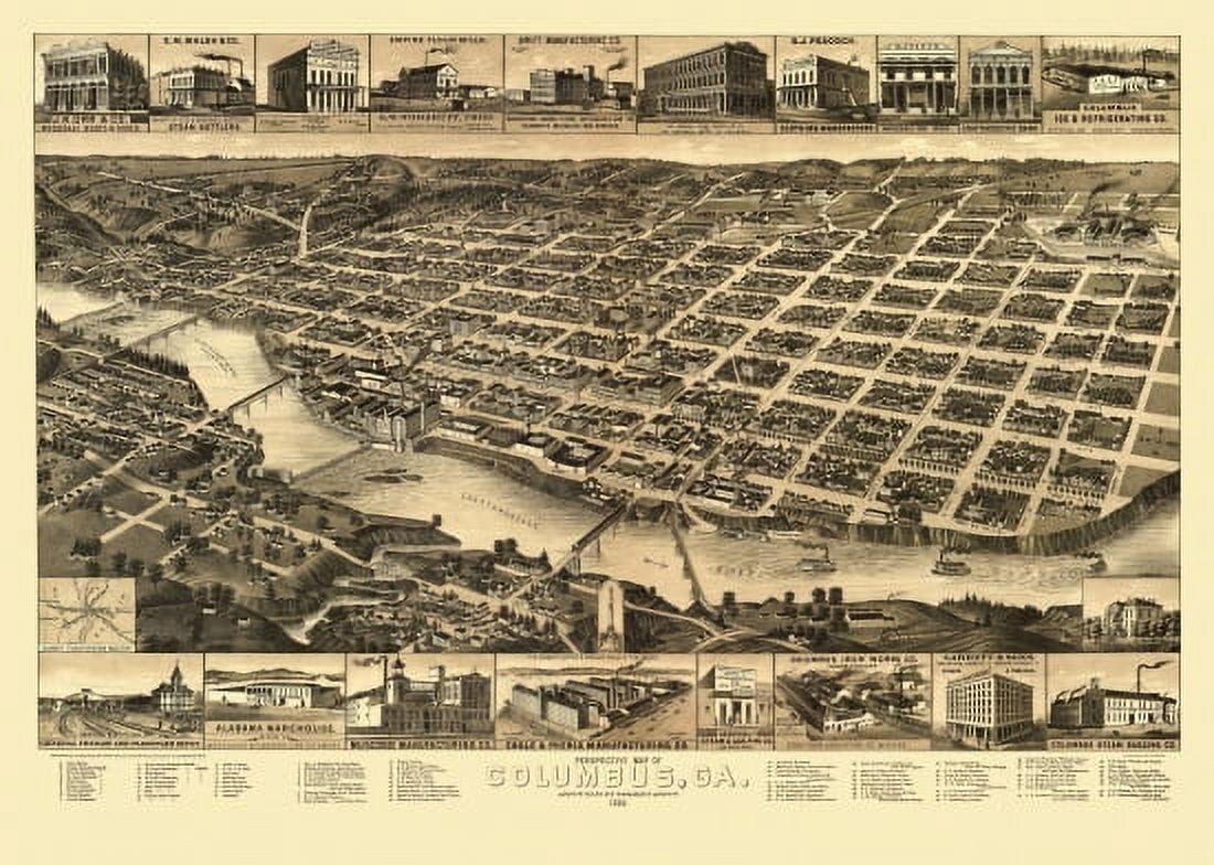Antique Map of Columbus Georgia 1886 Muscogee County Canvas Art - (18 x 24)