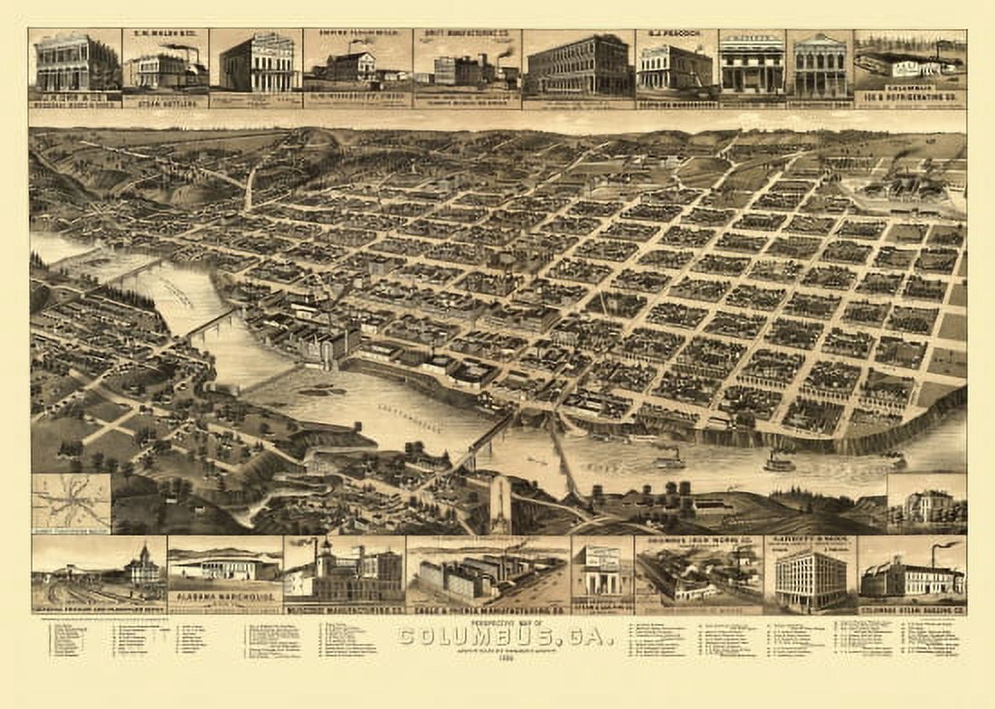 Antique Map of Columbus Georgia 1886 Muscogee County Canvas Art -  (24 x 36)