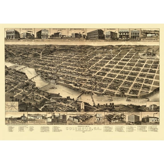 Antique Map of Columbus Georgia 1886 Muscogee County Canvas Art - (24 x 36)