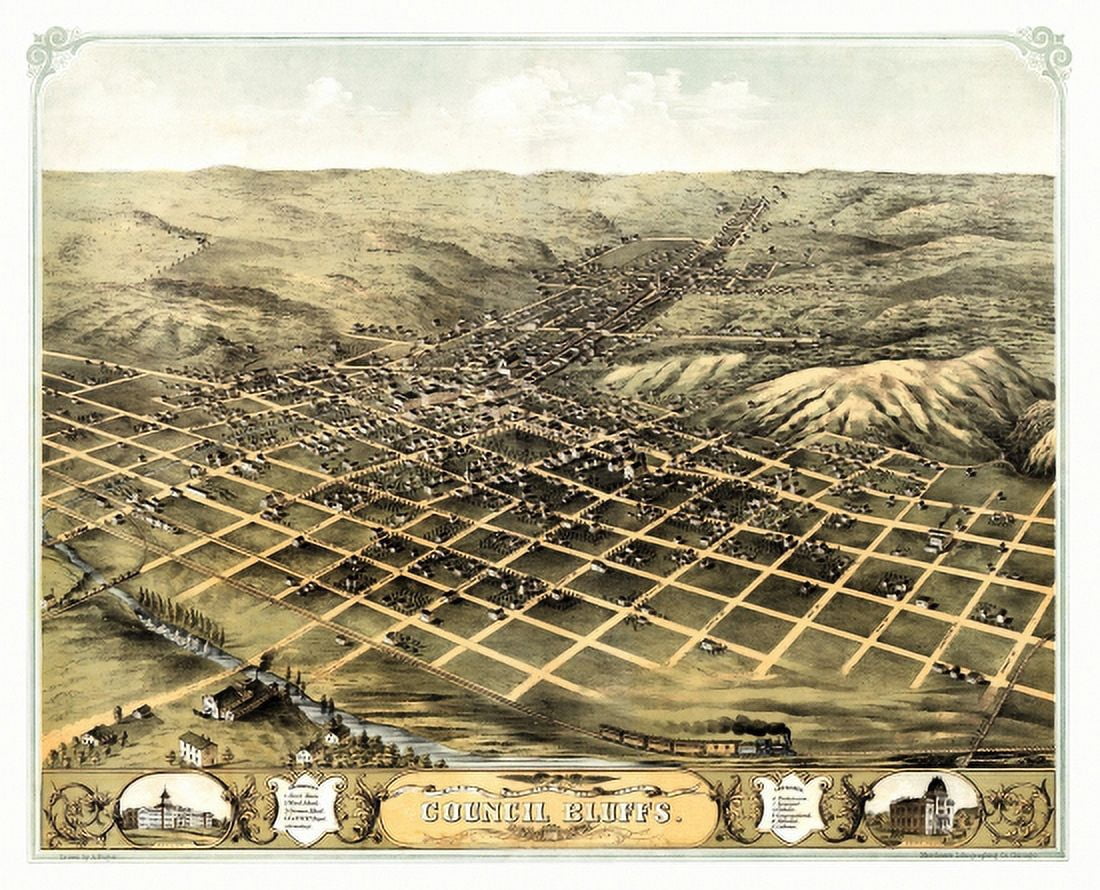 Antique Map of Council Bluffs Iowa 1868 Pottawattamie County Canvas Art - (24 x 36)
