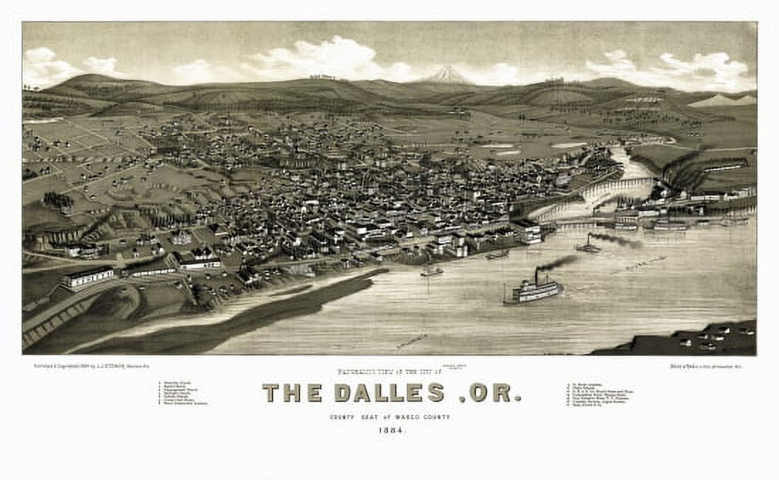 Antique Map of Dalles Oregon 1884 Wasco County Canvas Art - (36 x 54)
