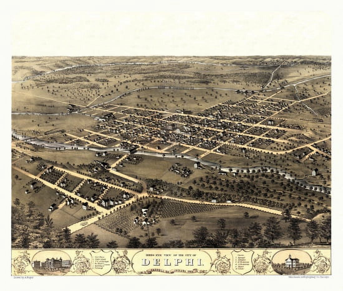 Antique Map of Delphi Indiana 1868 Carroll County Canvas Art - (24 x 36)