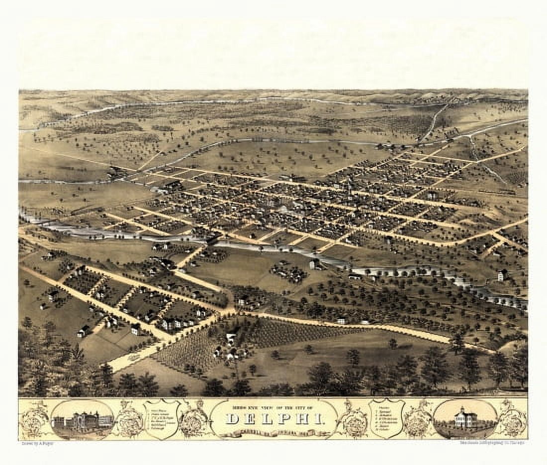 Antique Map of Delphi Indiana 1868 Carroll County Canvas Art -  (36 x 54)