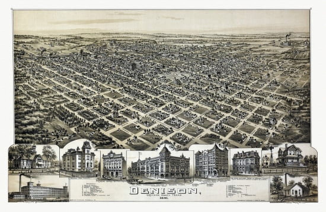 Antique Map of Denison Texas 1891 Grayson County Canvas Art - (24 x 36)