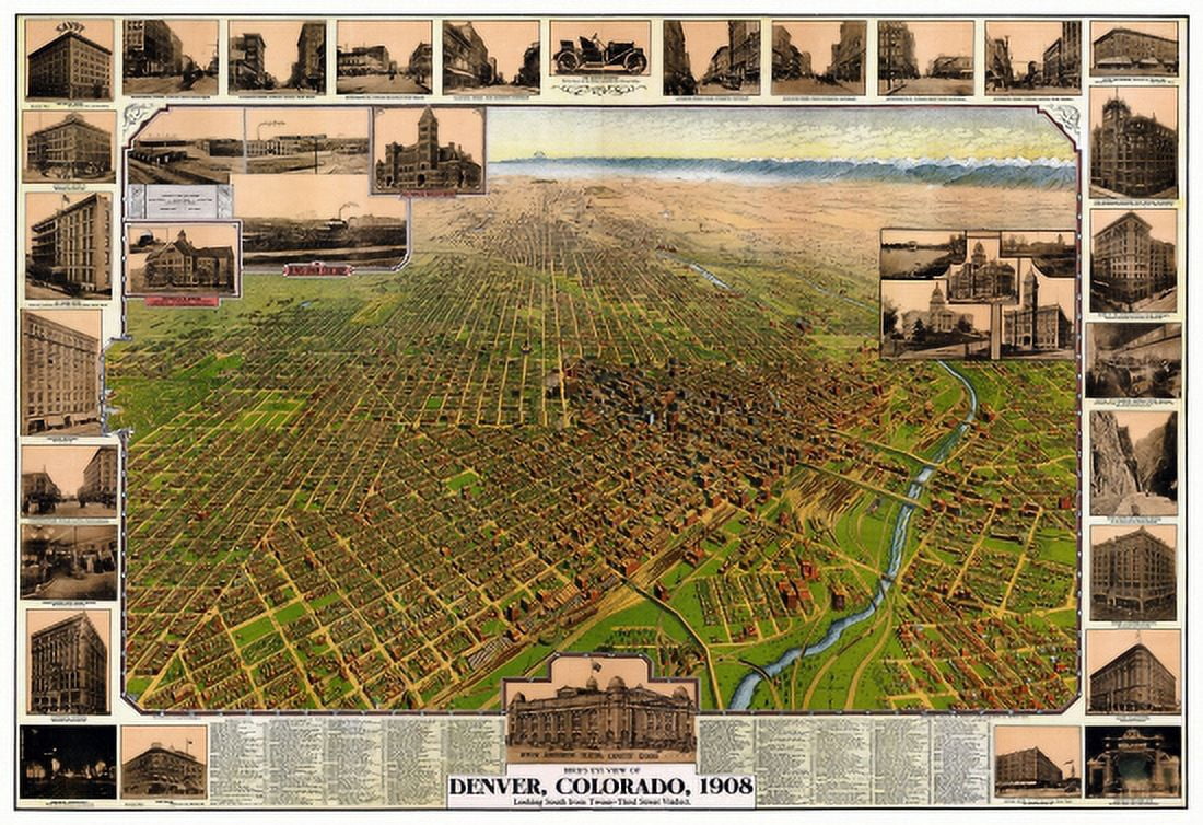 Antique Map of Denver Colorado 1908 Denver City County Canvas Art - (24 x 36)