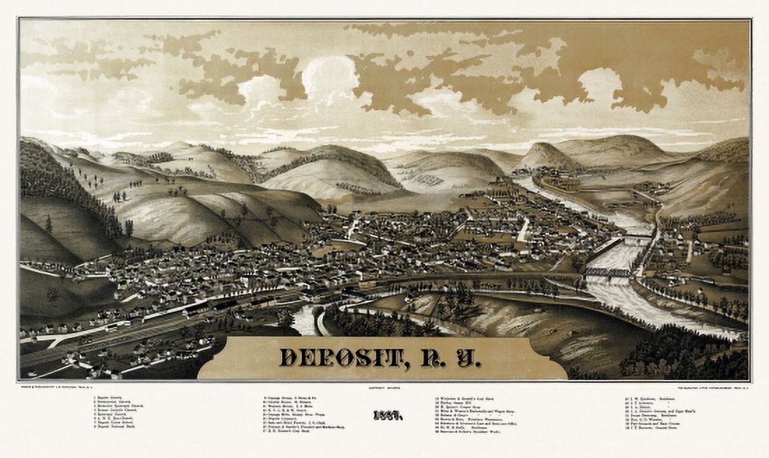 Antique Map of Deposit New York 1887 Broome County Canvas Art - (24 x 36)