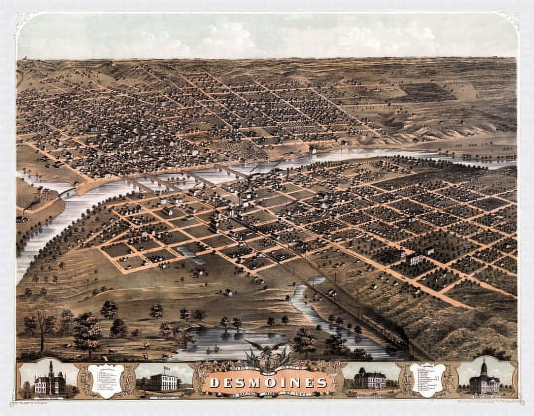 Antique Map of Des Moines Iowa 1868 Polk County Canvas Art - (36 x 54)