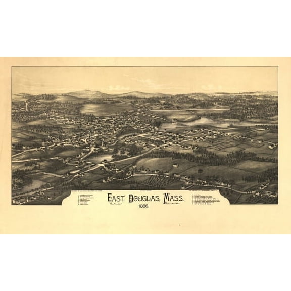 Antique Map of East Douglas Massachusetts 1886 Worcester County Canvas Art - (24 x 36)