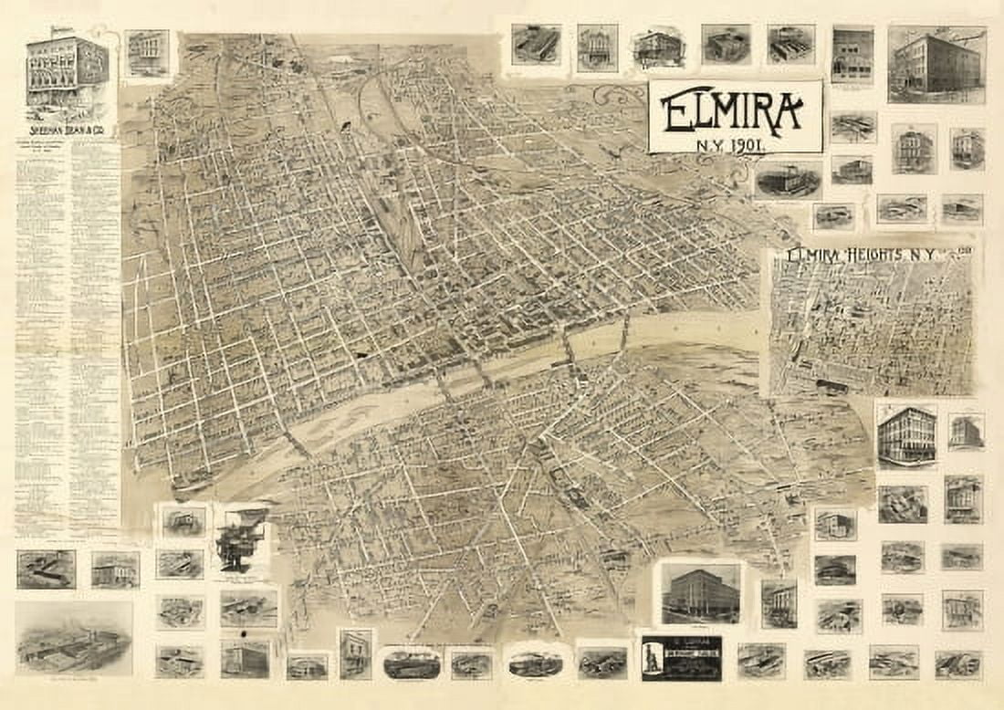 Antique Map of Elmira New York 1901 Chemung County Canvas Art - (24 x 36)