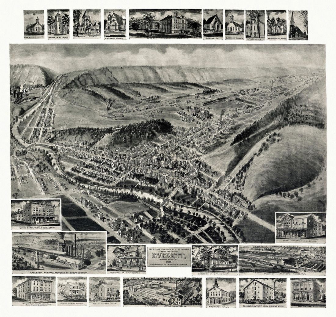 Antique Map of Everett Pennsylvania 1905 Bedford County Canvas Art - (36 x 54)