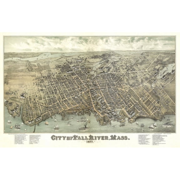 Antique Map of Fall River Massachusetts 1877 Bristol County Canvas Art - (24 x 36)