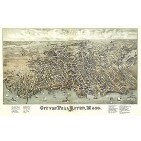Antique Map of Fall River Massachusetts 1877 Bristol County Canvas Art - (36 x 54)