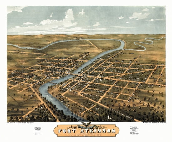 Antique Map of Fort Atkinson Wisconsin 1870 Jefferson County Canvas Art - (36 x 54)