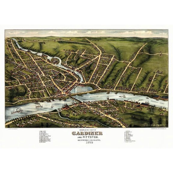 Antique Map of Gardiner Maine 1878 Kennebec County Canvas Art - (18 x 24)