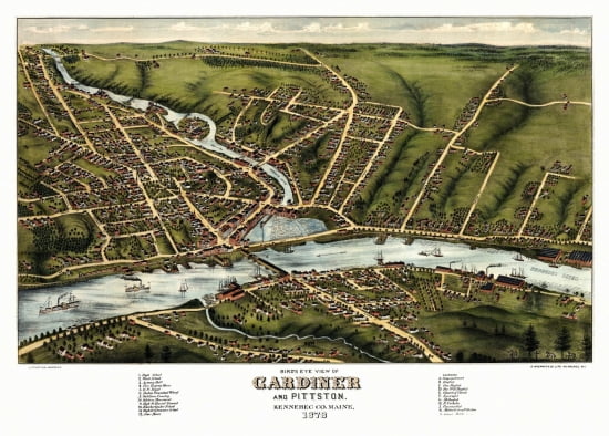 Antique Map of Gardiner Maine 1878 Kennebec County Canvas Art - (24 x 36)