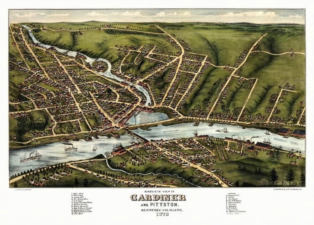 Antique Map of Gardiner Maine 1878 Kennebec County Canvas Art - (36 x 54)