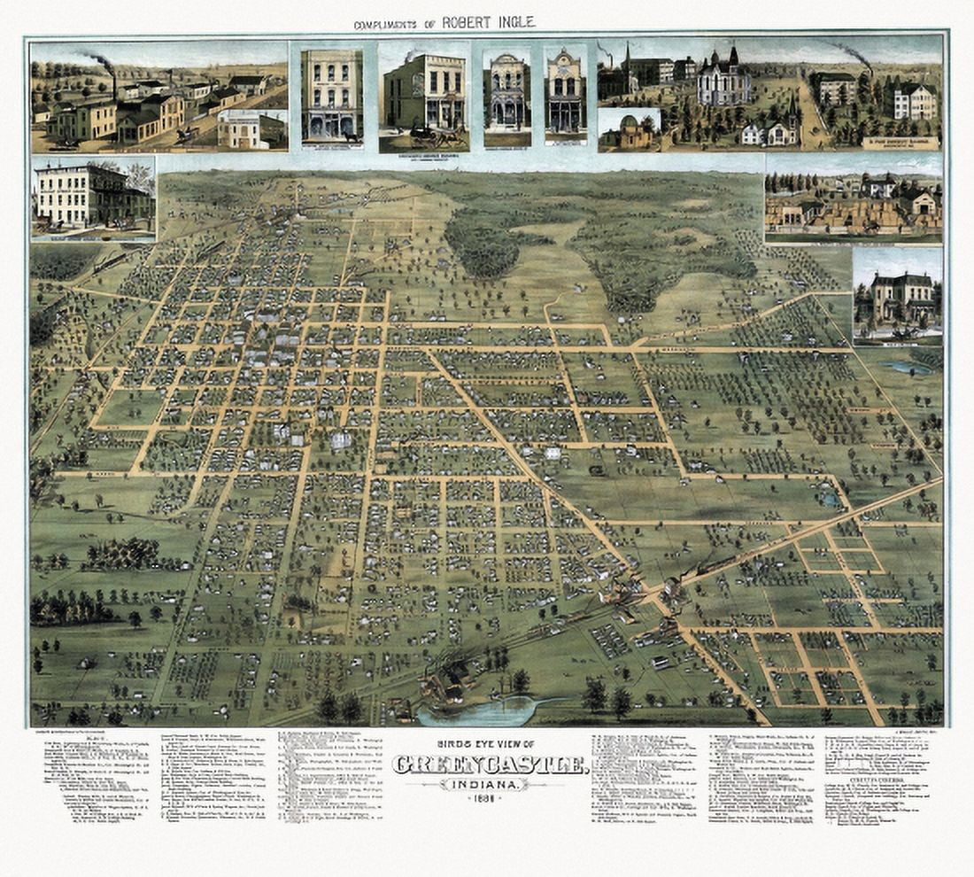 Antique Map of Greencastle Indiana 1886 Putnam County Canvas Art - (36 x 54)
