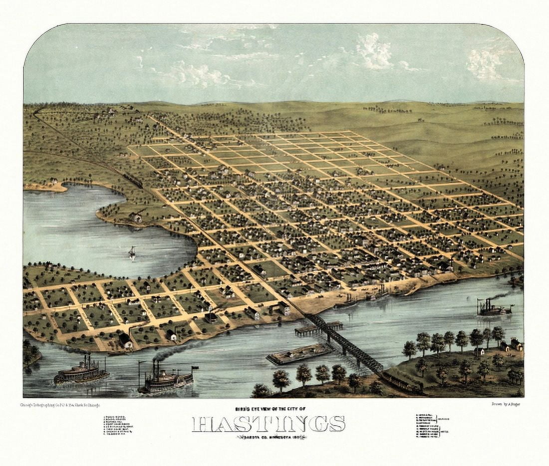 Antique Map of Hastings Minnesota 1867 Dakota County Canvas Art - (18 x 24)